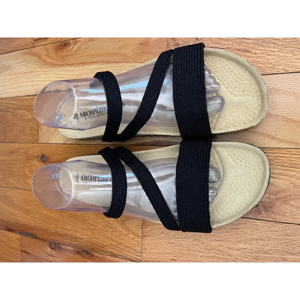 Arcopedico Womens Vega Slides Sandals Black Knit Strappy Low Flat 10.5-11/EUR 42